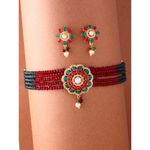 Buy Zeneme Gold-plated Red Green AD Studded Floral Pendant Multistrand Dark Red Green Beads Choker Necklace - Purplle