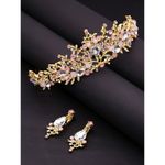 Buy Latest Fashion Floral Design Multicolour Crystal Golden Bridal Wedding Crown Tiaras with Earrings for Women and Girls - Purplle