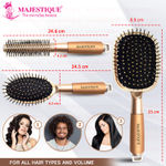 Buy Majestique Paddle Detangling, Oval, and Round Hair Brush Set with Soft Nylon Bristles for Blow Drying and Straightened look - 3Pcs/Gold - Purplle