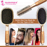 Buy Majestique Paddle Detangling, Oval, and Round Hair Brush Set with Soft Nylon Bristles for Blow Drying and Straightened look - 3Pcs/Gold - Purplle
