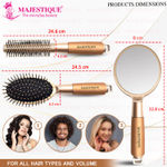 Buy Majestique Round and Oval Cushion Hair Brush Set with Handle Mirror, Soft Nylon Bristles for All Types Style in Men and Women - 3Pcs/Gold - Purplle