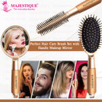 Buy Majestique Round and Oval Cushion Hair Brush Set with Handle Mirror, Soft Nylon Bristles for All Types Style in Men and Women - 3Pcs/Gold - Purplle