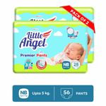 Buy Little Angel Premier Pants Baby Diaper, New Born (NB/XS) Size, 56 Count, Cottony Soft Material, Wetness Indicator, Breathable Layer, Extra Dry Core, Stretchable Sides, Pack of 2, 28 count/pack, up to 5 kgs - Purplle