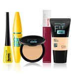 Buy Maybelline Newyork All-Day Glam Essentials Kit 1 |Fit Me Compact 128 (6 gm) | Fit Me Liquid Foundation Tube 128(18 ml) | Colossal Waterproof Mascara - Black (10 gm) | Colossal Eyeliner Black(3 gm) |Super Stay Liquid Lipstick 115(5 gm) - Purplle