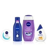 Buy NIVEA Refresh & Revive Skin Combo 2(Powerfruit Fresh Shower Gel (250ml)+Moisturizing Honey Face Wash(100ml)+Almond Oil Body Lotions(120ml)+SOFT Light cream(100ml)) - Purplle