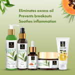 Buy Good Vibes Skincare Regime For Acne Prone (Green Tea Face Wash 120 ml, Green Tea Toner 120 ml, Tea Tree & Papaya Face Serum 10 ml, Tea Tree Nourishing Gel 50 g, Sunscreen with SPF 30 - 100 gm) - Purplle