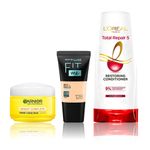 Buy Maybelline x Garnier x L'Oreal Paris Most Loved Combo 2 (Maybelline Fit Me foundation, 128 Warm Nude (18 ml), Garnier Bright Complete Vitamin C Yogurt night Cream (40 gm), L'Oreal Paris Total repair 5 Conditioner (180 ml)) - Purplle