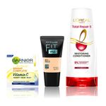 Buy Maybelline x Garnier x L'Oreal Paris Most Loved Combo 2 (Maybelline Fit Me foundation, 128 Warm Nude (18 ml), Garnier Bright Complete Vitamin C Yogurt night Cream (40 gm), L'Oreal Paris Total repair 5 Conditioner (180 ml)) - Purplle