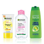 Buy Garnier Everyday Hair & Face Essentials Kit: Bright Complete Vitamin C Face Wash 150gm | Micellar Water, 125ml | Long & Strong Strengthening Shampoo (175 ml) - Purplle