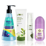 Buy Plum Daily Face & Body Essentials Care Kit : Green Tea Face Wash (100 ml) + Green Tea Moisturizer (50ml) + Hawaiian Rumba Shower Gel (240 ml) + Vanilla Vibes Deodorant Roll On (50ml) - Purplle