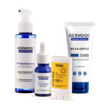 Buy DERMDOC by Purplle Mild & Gentle Facial Cleanser (100 ml) | 2% Salicylic Acid Exfoliating Tonic (100 ml) | 10% Niacinamide Face Serum (30 ml) | 1% Hyaluronic Acid Mini Sunscreen Stick (13 gm) Combo of 4 - Purplle