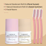 Buy Carmesi Facial Hair Removal Combo & Natural Deodorant Roll-Ons | Fresh underarms all day | Remove peach fuzz and get salon-like eyebrows | 1 Facial Razor, 1 Eyebrow Razor & 2 Roll-Ons (Floral Sunset & Sweet Summer) - 3 Pcs - Purplle