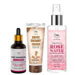 Buy Combo of 3- Coffee Coconut Scrub & Pore Minimizing Face Serum 15ml & Rose Water Spray Bottle 200ml - Purplle