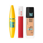 Buy Maybelline Heartfelt Glamour Combo Set | New York Matte+Poreless Liquid Foundation 30 ml 230 Natural Buf + Super Stay Matte Ink Liquid Lipstick 5 ml + The Colossal 2x Volume Waterproof Mascara - Black (10 gm) - Purplle