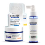 Buy DERMDOC Skin Brightening & Tightening Trio (Combo of 3) | Hydrolyzed Collagen Face Gel (50gm) | 5% Glycolic Acid Underarm Treatment Spray (100ml) | 0.5% Glutathione Cleansing Soap Bar (75gm) - Purplle
