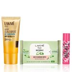 Buy Lakme On-the-Go Sun Defense Combo (Sun Expert Gel Sunscreen SPF 50 50 gm + 9to5 Aloe Cleansing Wipes 25 Wipes + Lip Love Care Stick Strawberry 4.5 gm) Combo of 3 - Purplle