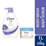 Buy Dove Relax & Glow Body Care combo (Lavender & Chamomile Body Wash (1 L) + Rice Milk & Macadamia Scrub (298 gm)) Combo of 2 - Purplle