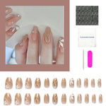 Buy Secret Lives acrylic artifical glossy artifical fake false press on nails nude brown color 3d pearls & white flower design 24 Pc set with kit - Purplle