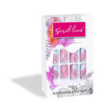 Buy Secret Lives acrylic fake reusable false artifical press on nails pink color nails with blue patch & white golden curve design 24 Pc with kit - Purplle