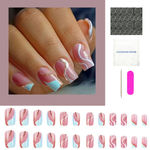 Buy Secret Lives acrylic fake reusable false artifical press on nails pink color nails with blue patch & white golden curve design 24 Pc with kit - Purplle