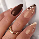 Buy Secret Lives Acrylic Artifical Reusable Almond shape Brown & Coffe color with Black Curve White Leaves & Golden Glitter Women's Designer Press on Nails 24 Pc with Kit - Purplle