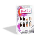 Buy Secret Lives Acrylic Artifical Reusable Almond shape Brown & Coffe color with Black Curve White Leaves & Golden Glitter Women's Designer Press on Nails 24 Pc with Kit - Purplle
