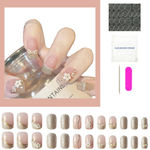 Buy Secret Lives acrylic artifical fake reusable false artifical press on nails translucent pink color with silverish golden glitter 3D flowers and pearl design 24 Pc with kit - Purplle