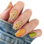 Buy Secret Lives Acrylic Artifical Matte Reusable Fake False Mustard Color Flower Design with Green & Black Color Press on Nails 24 Pc Set with Kit - Purplle