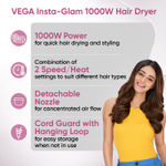 Buy Vega Insta Glam Foldable 1000 Watts Hair Dryer with 2 Heat & Speed Settings, Detachable Nozzle, Overheat Cut-out, Quick Dry with 1000W, Hair Dryer for Women, VHDH-20, (Made in India) - Purplle