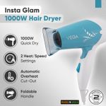 Buy Vega Insta Glam Foldable 1000 Watts Hair Dryer for Men and Women with 2 Heat & Speed Settings, Detachable Nozzle, Automatic Overheat Cut-out, VHDH-29, (Made in India) 1 pc - Purplle