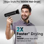 Buy Vega Style Pro 1600W Foldable Hair Dryer with 2X Faster Drying, 3 Heat and 2 Speed Settings, Concentrator Nozzle & Diffuser, Hair Dryer for Men and Women (VHDH-34) 1 pc - Purplle