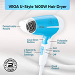 Buy Vega U Style 1600W Foldable Hair Dryer for Women & Men with Cool Shot Button, 2 Speed/3 Heat Settings, Detachable Nozzle, Travel Friendly, Fast Hair Drying, (VHDH-32) 1 pc - Purplle