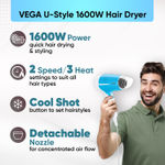 Buy Vega U Style 1600W Foldable Hair Dryer for Women & Men with Cool Shot Button, 2 Speed/3 Heat Settings, Detachable Nozzle, Travel Friendly, Fast Hair Drying, (VHDH-32) 1 pc - Purplle