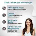 Buy Vega U Style 1600W Foldable Hair Dryer for Women & Men with Cool Shot Button, 2 Speed/2 Heat Settings, Detachable Nozzle, Travel Friendly, Fast Hair Drying, (VHDH-24) 1 pc - Purplle