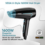 Buy Vega U Style 1600W Foldable Hair Dryer for Women & Men with Cool Shot Button, 2 Speed/2 Heat Settings, Detachable Nozzle, Travel Friendly, Fast Hair Drying, (VHDH-24) 1 pc - Purplle