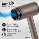 Buy Vega Dry-Up 2000W Hair Dryer for Men & Women with 3 Heat & 1 Speed Setting & Cool Shot Button, Blow Dryer for Women, Foldable Hair Dryer with Over Heat Cut-out, Effortless Hair Style, Brown (VHDH-36) 1 pc - Purplle