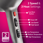 Buy AGARO HD-1124 2400 Watts Professional Hair Dryer with AC Motor, 2 Concentrator Nozzle, Diffuser, Hot and Cold Air, 2 Speed 3 Temperature Settings with Cool Shot for Both Men and Women, Silver - 1 pc - Purplle