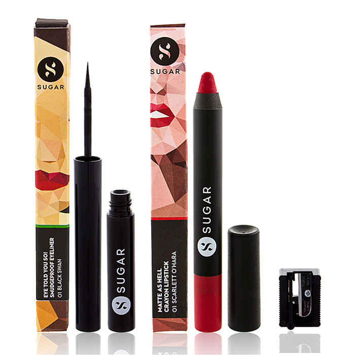 Buy SUGAR Cosmetics Eye Told You So! Smudgeproof Eyeliner + Matte As Hell Crayon Lipstick - 01 Scarlett O'Hara (Red) Value Set - Purplle
