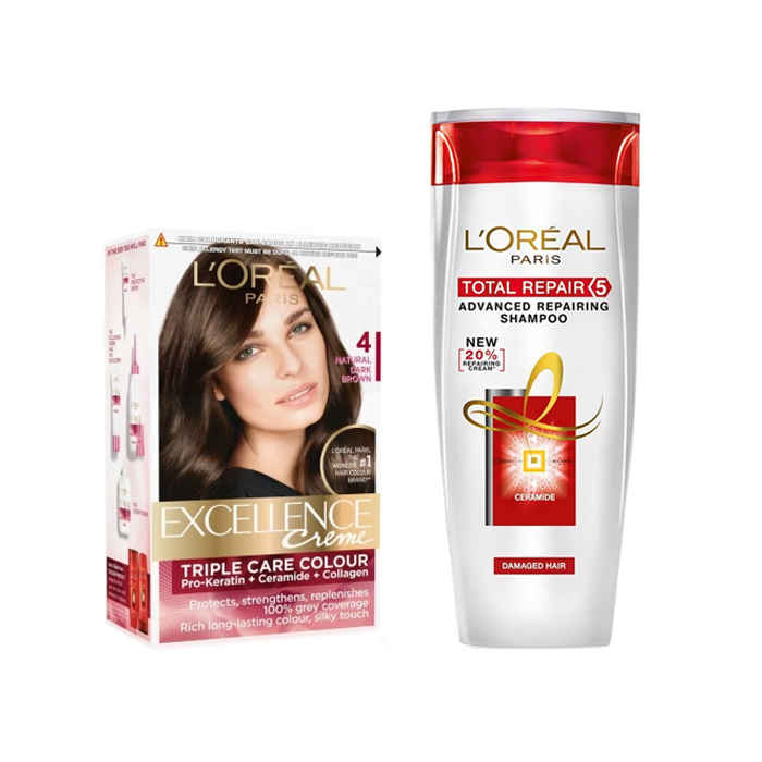Buy L'Oreal Paris Excellence Creme Natural Dark Brown 4 (72 ml + 100 g) + L'Oreal L'Oreal Paris Total Repair 5 Repairing Shampoo (175 ml) - Purplle