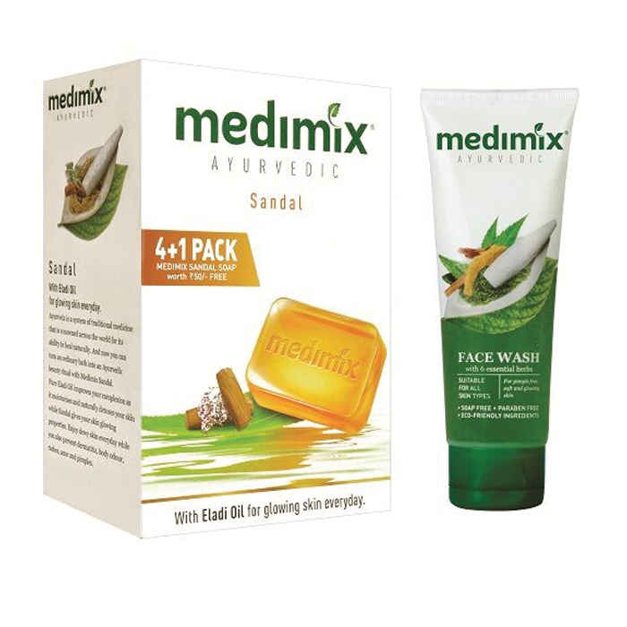 Buy Medimix Sandal Soap (125 g) (4+1 Offer Pack) + Face Wash (100 ml) - Purplle