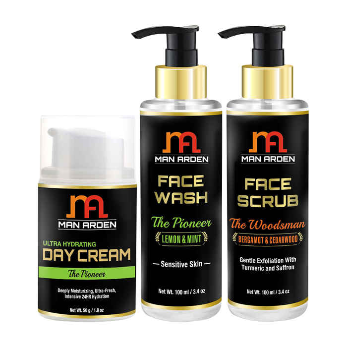 Buy Man Arden Ultra Hydrating Day Cream + Face Wash (The Pioneer) + Face Scrub (The Woodsman) - Purplle