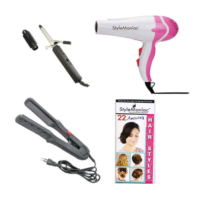 Buy Style Maniac Combo Of Hair Straightener , Hair Curler And Hot And Cold Dual Function Hair Dryer And Get A Hairstyle Book Free - Purplle