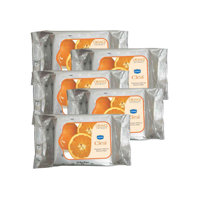 Buy Ginni Clea Cleansing & Make Up Remover Wipes (Orange) (Pack Of 5) (30 Wet Wipes Per Pack) - Purplle