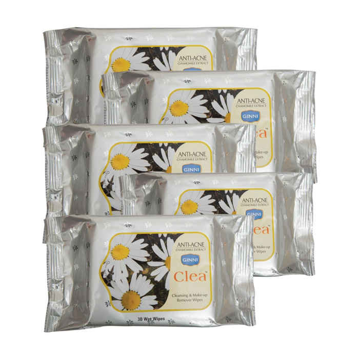 Buy Ginni Clea Cleansing & Make Up Remover Wipes (Antiacne) (Pack Of 5) (30 Wet Wipes Per Pack) - Purplle