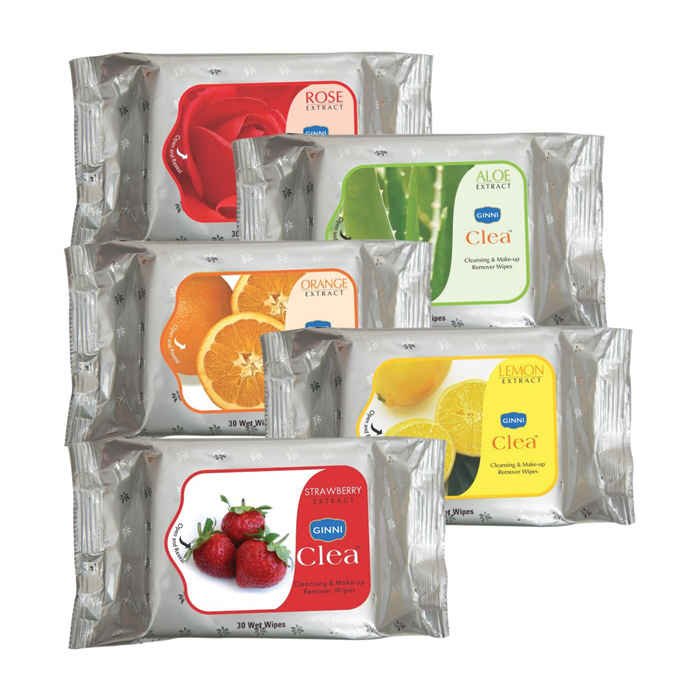 Buy Ginni Clea Cleansing & Make Up Remover Wipes (Rose,Lemon,Aloevera,Strawberry,Orange) (Pack Of 5) (30 Wet Wipes Per Pack) - Purplle