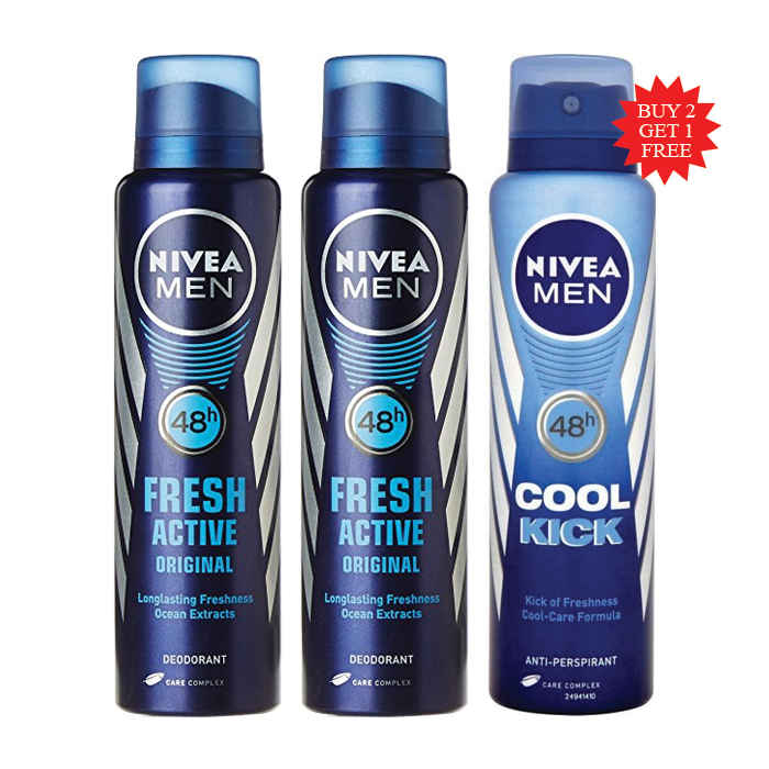 Buy Nivea Men Fresh Active Original Deodorant (150 ml) Buy 2 Get 1 Nivea Men Cool Kick Antiperspirant Deodorant Spray (150 ml) FREE - Purplle