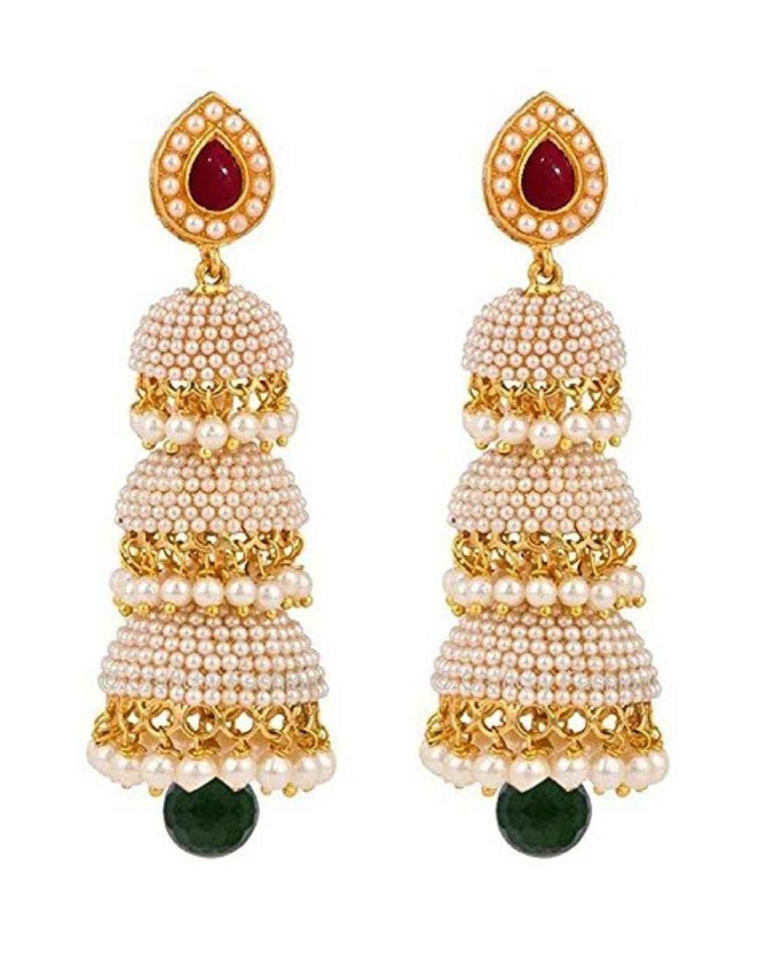 Buy Crunchy Fashion Pool Of Glowing Pearls Red-Green Traditional Jhumki - Purplle