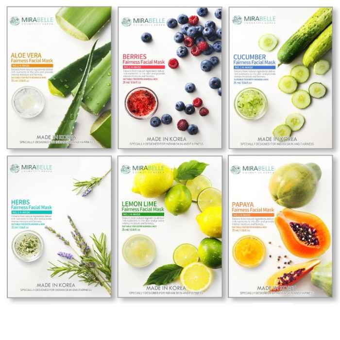 Buy Mirabelle Korea Fairness Facial Mask (Aloevera, Berries, Cucumber, Herbs, Lemon, Papaya - Combo Pack Of 6) (25 ml) - Purplle