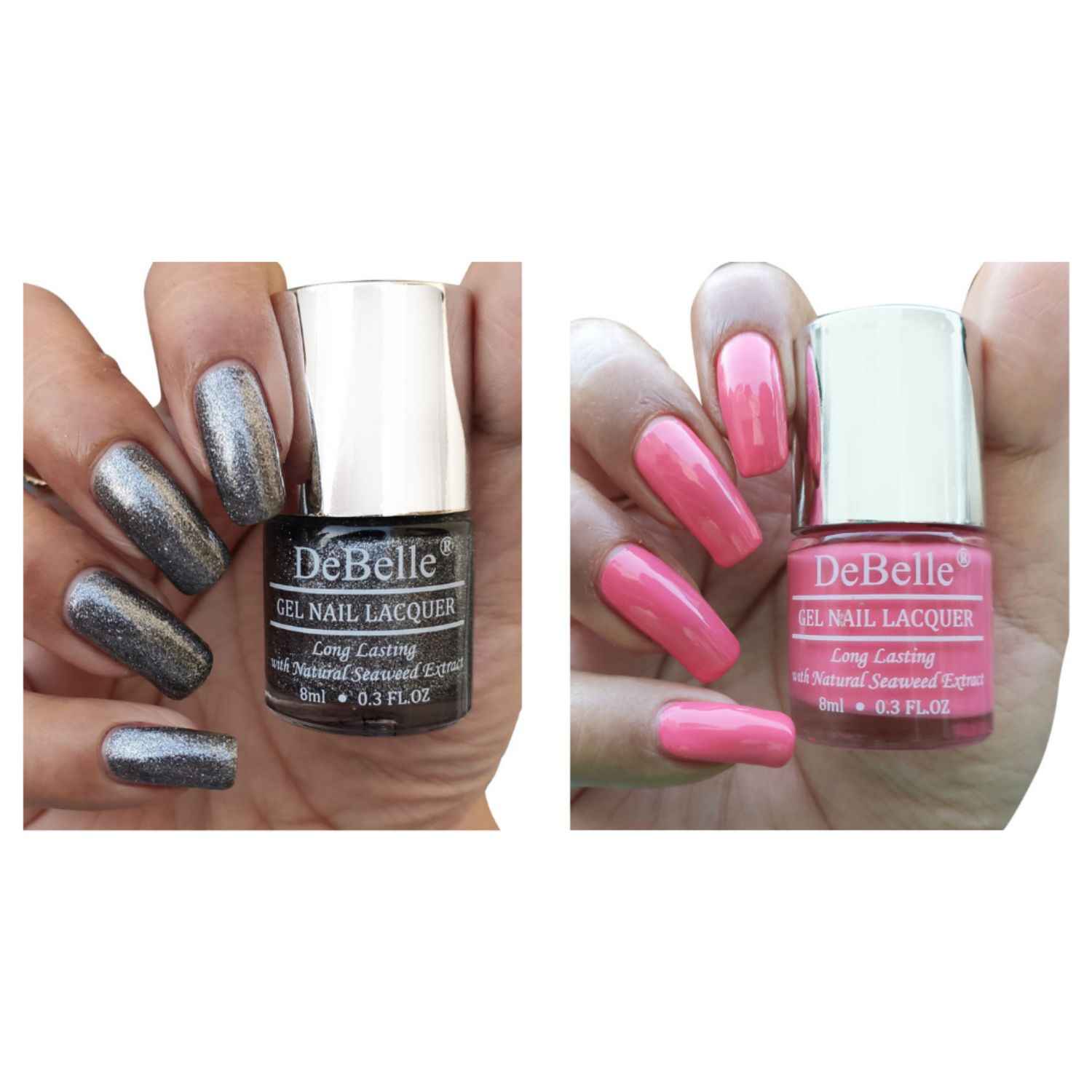 Buy DeBelle Gel Nail Polish Combo Set of 2 - Bebe Kiss (Hot Pink) and Grey Glitteratti (Silver Glitter) 8 ml each - Purplle