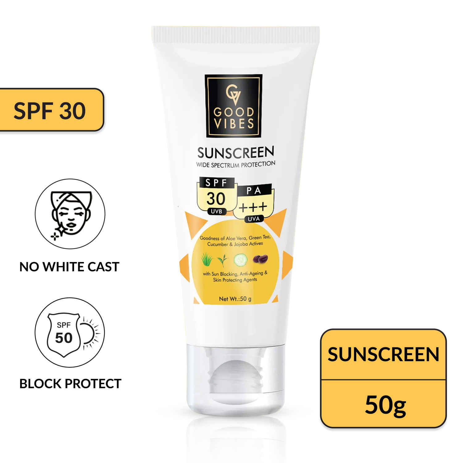 Buy Good Vibes Wide Spectrum Protection Sunscreen with SPF 30 | Non-Greasy, Anti-Ageing | With Aloe Vera | No Parabens, No Animal Testing (50 g) - Purplle